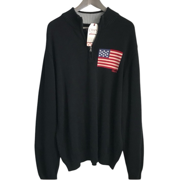 CHAPS Big Men's 2XL Black & Red USA Flag Thick 100% Cotton 1/4 Zip Sweater NWT - Picture 8 of 16